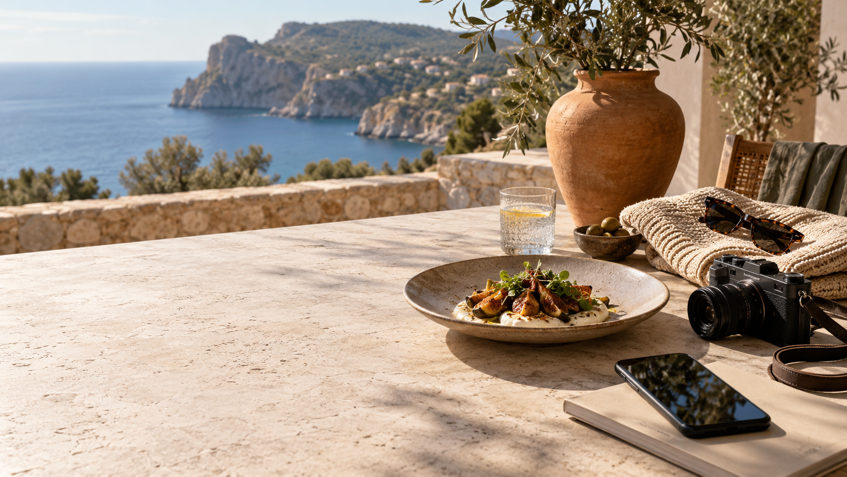 Escena creativa mediterránea con cámara, móvil y producto gastronómico